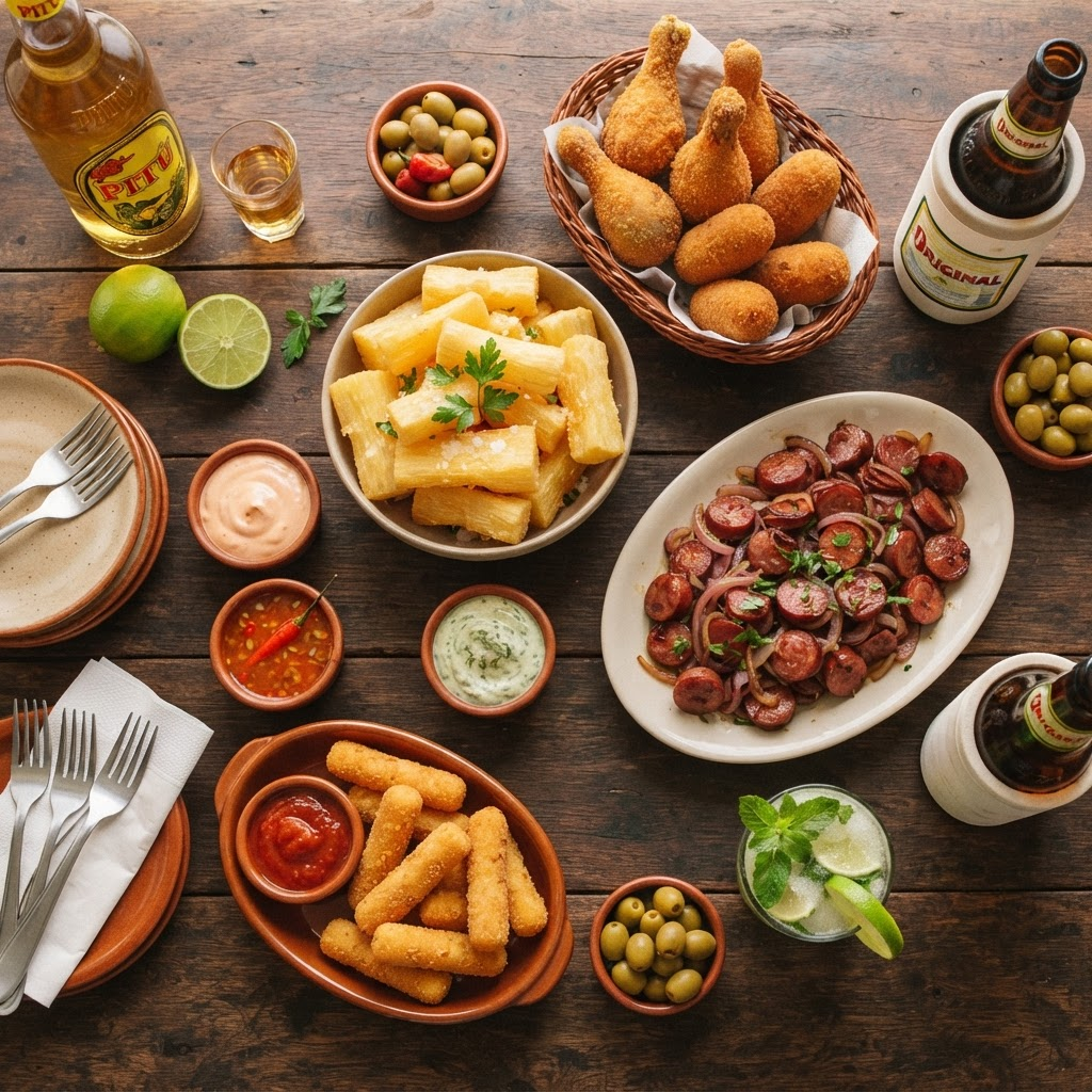 Mesa farta com diversos petiscos de boteco servidos